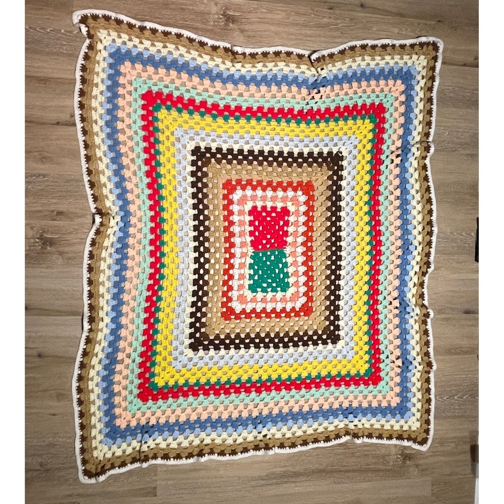 Handmade Colorful Crochet Blanket Throw Afghan Granny Square Knit 48" x‎ 57" EUC